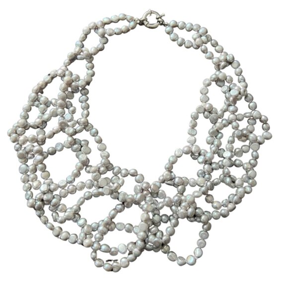 Chunky Water Pearls Multi Strand Chocker Necklace / Grey - Picture 2 of 6